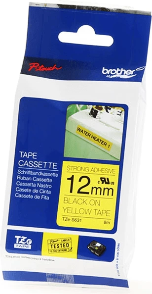 Shirit etiketa Brother TZe-S631 12 mm 8 m ngjitje e fortë, e zezë mbi të verdhë