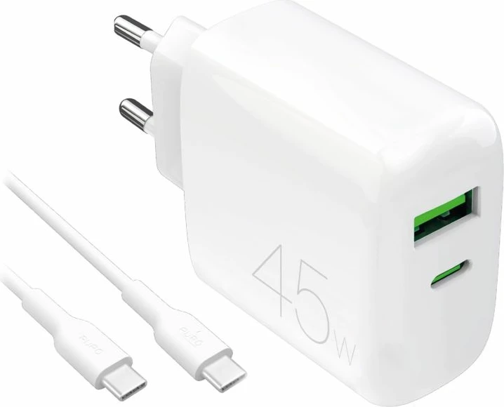 Karikues telefoni Puro Daily Prolite 45W me USB-C/USB-A, i bardhë me kabllo USB-C