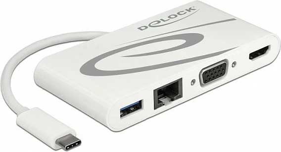 Docking stacion DeLOCK 87731, USB-C 3.2 Gen 1, HDMI/VGA, RJ-45, USB-A, USB-C, gri/bardhë
