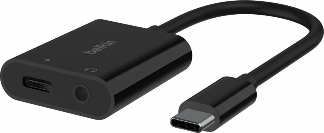 Adapter audio USB-C në 3.5mm + USB-C Belkin RockStar NPA004BTBK, 16.5 cm, 60W, i zi