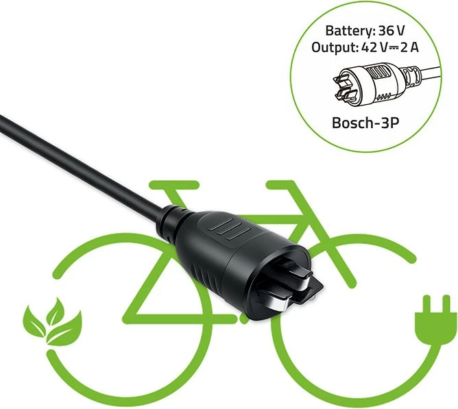 Karikues baterie për biçikletë elektrike, Qoltec, 52613, 42V 2A 84W (për bateri 36V Li-ion), Bosch 3-pin, i zi, me kabllo