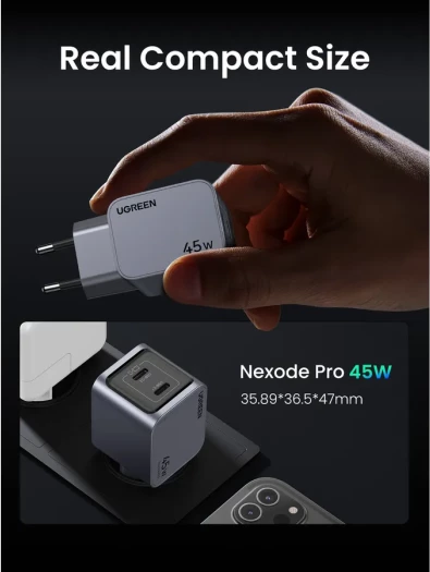Karikues USB-C GaN UGREEN Nexode Pro 45W, 2x USB-C, gri