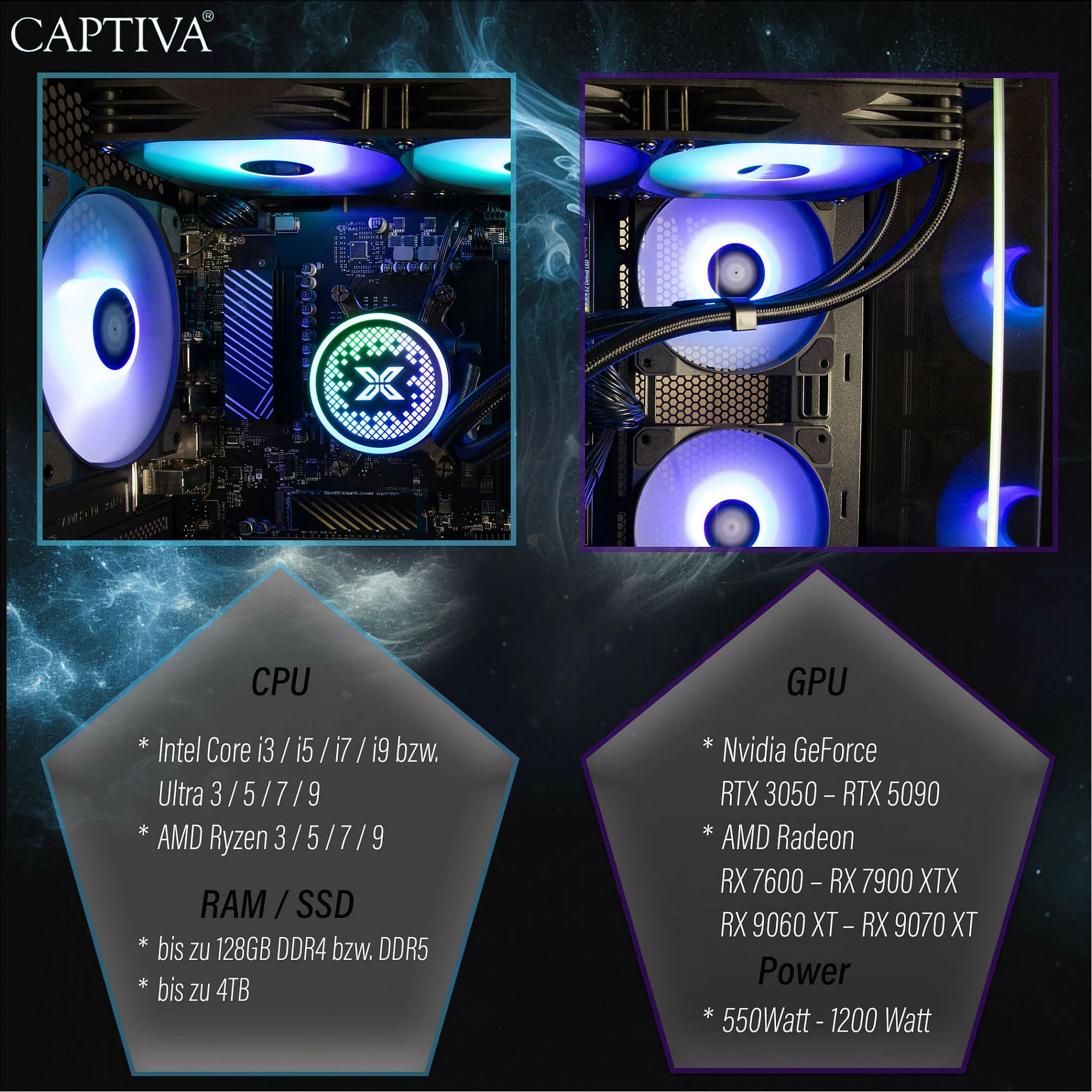 Kompjuter Gaming Captiva R90-031, Ryzen 7 5700X, 32GB RAM, 1TB SSD, GeForce RTX 5070 12GB, Windows 11, i zi me RGB