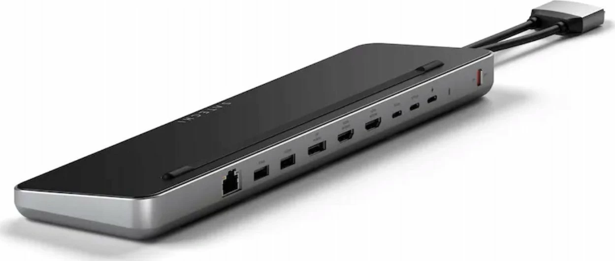 Stacion docking/stand Satechi Dual Dock Stand ST-DDSM, 2x HDMI + DisplayPort, Gigabit Ethernet, slot M.2 NVMe/SATA SSD, PD 75W, zi/argjendtë