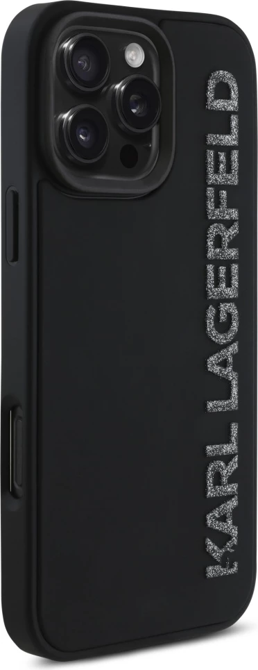 Mbështjellës, Karl Lagerfeld, HC 3D Rubber Elongated Glitter, për iPhone 16 Pro 6.3", hardcase TPU/silikon, zi