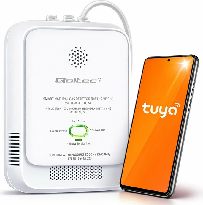 Sensor rrjedhje gazi natyror Qoltec 52651, CH4, Wi‑Fi Tuya, alarm 85 dB, LED, i bardhë, set me vida