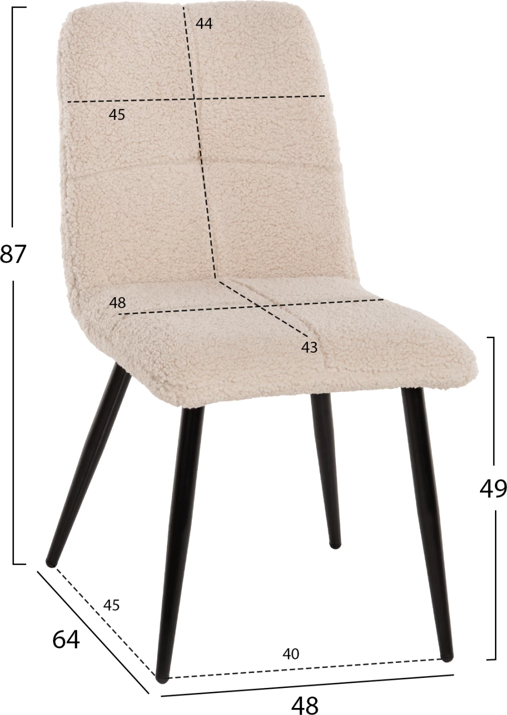 Karrige SHELLY FH8590.02, pëlhurë TEDDY, këmbë metalike bardhë-zi, 48x64x87Hcm., set prej 2 copash