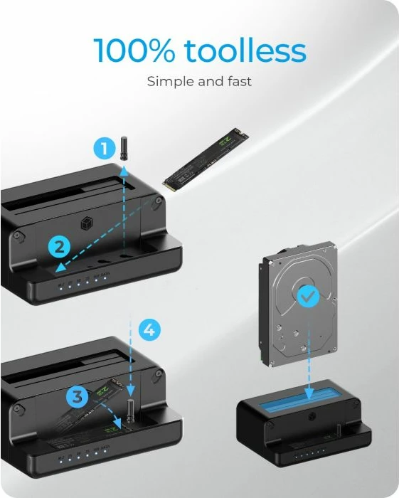 Stacion dokimi dhe klonimi ICYBOX IB-2914MSCL-C31, USB 3.2 Gen 2, për M.2 NVMe dhe 2.5/3.5\" SATA SSD/HDD, e zezë