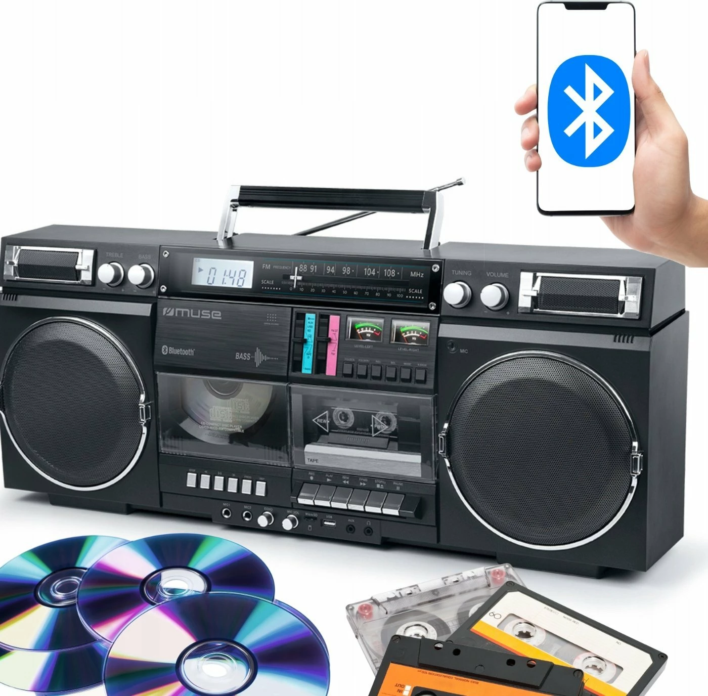 Radio boombox Muse M-380 GB Ghetto 80W me Bluetooth, CD/Kasetë/USB/SD, e zezë