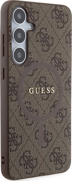 Mbështjellës Guess 4G Collection Leather Metal Logo MagSafe për Samsung Galaxy S24+, kafe