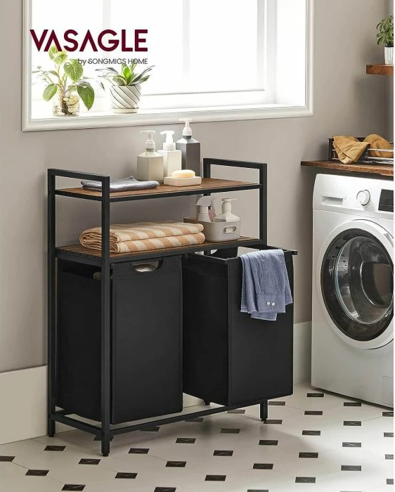 Kosh rrobash VASAGLE BLH211B01, 2 ndarje (2 shporta 2x46 L), me 2 rafte, 73x33x91 cm, kafe rustike/zi