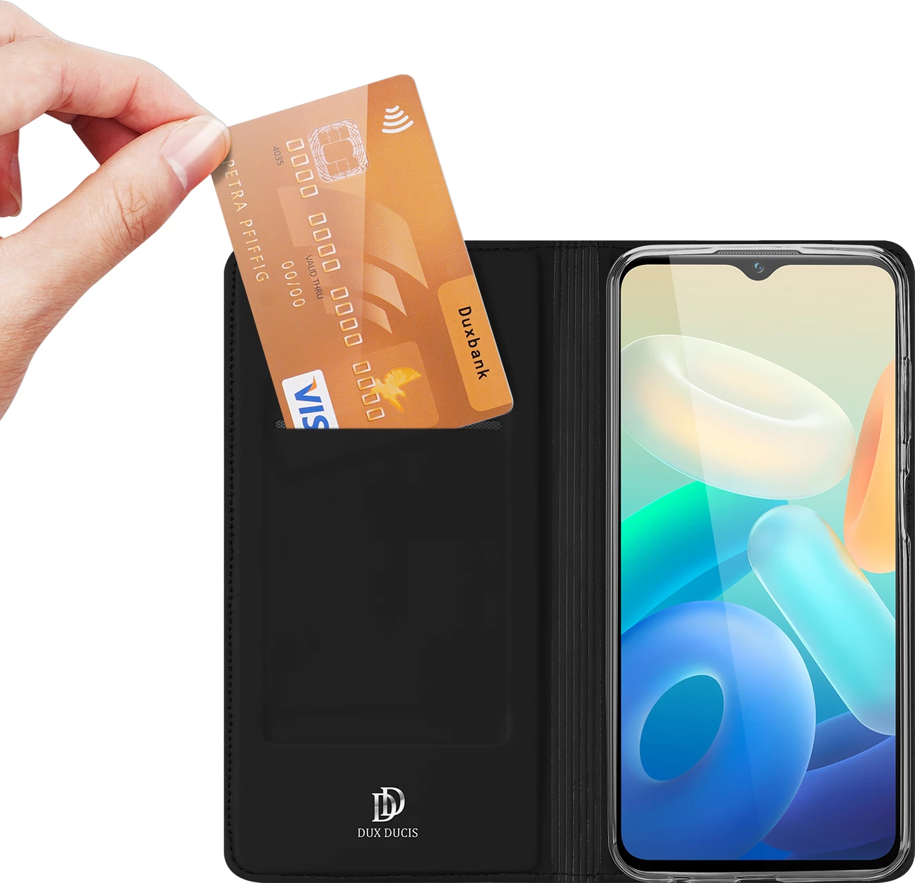 Mbështjellës Dux Ducis Skin Pro për Vivo Y16/Y02s, me kapak, xhep kartelash, i zi