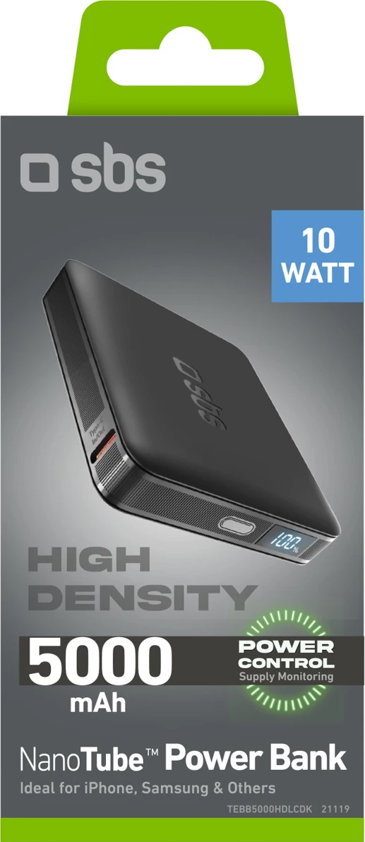 Power bank, SBS, HD 5000 + LCD (TEBB5000HDLCDK), 5000 mAh, 10 W, USB-C, ekran LCD, e zezë, me kabllo USB-C