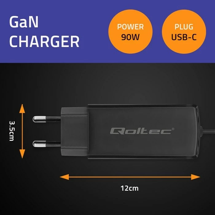 Karikues Qoltec 52420, 90W, GaN, USB-C 3.1, i zi