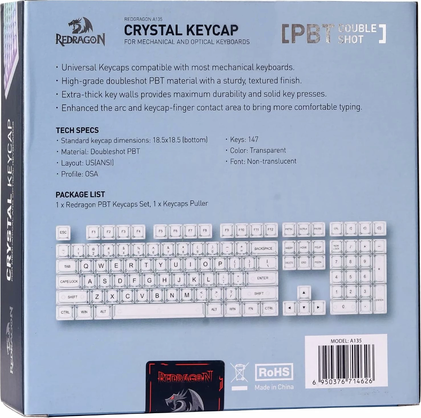 Set kapakë taste, Redragon Crystal A135, PBT, 147 copë, transparente