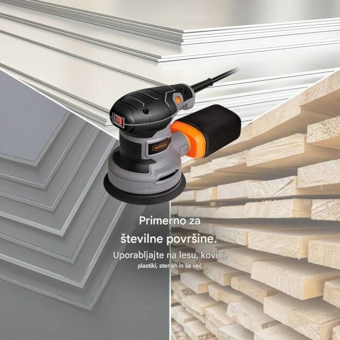 Lëmues ekscentrik VonHaus 3500323, 300 W, disk 125 mm, 6 shpejtësi 7,000–14,000 rpm, kabllo 3 m, me 12 letra zmerile + 2 thasë pluhuri, zi/portokalli/gri