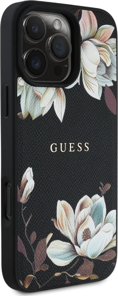 Mbështjellës MagSafe Guess Grained Printed Flower Pattern për iPhone 16 Pro Max 6.9", TPU/PC/eko-lëkurë, motiv lulesh, black