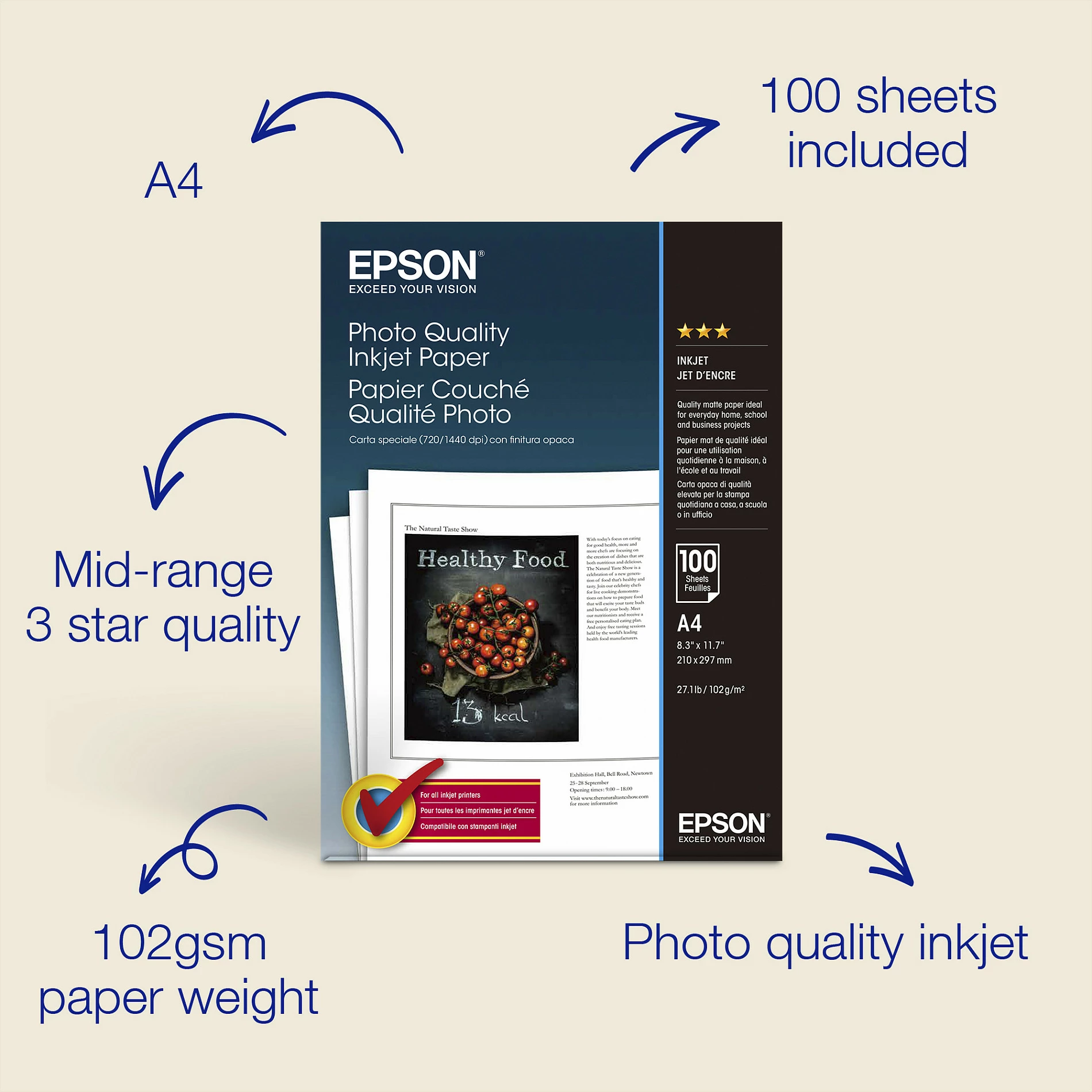 Letër foto inkjet Epson Photo Quality, A4, 100 fletë, matte, 102 g/m², e bardhë