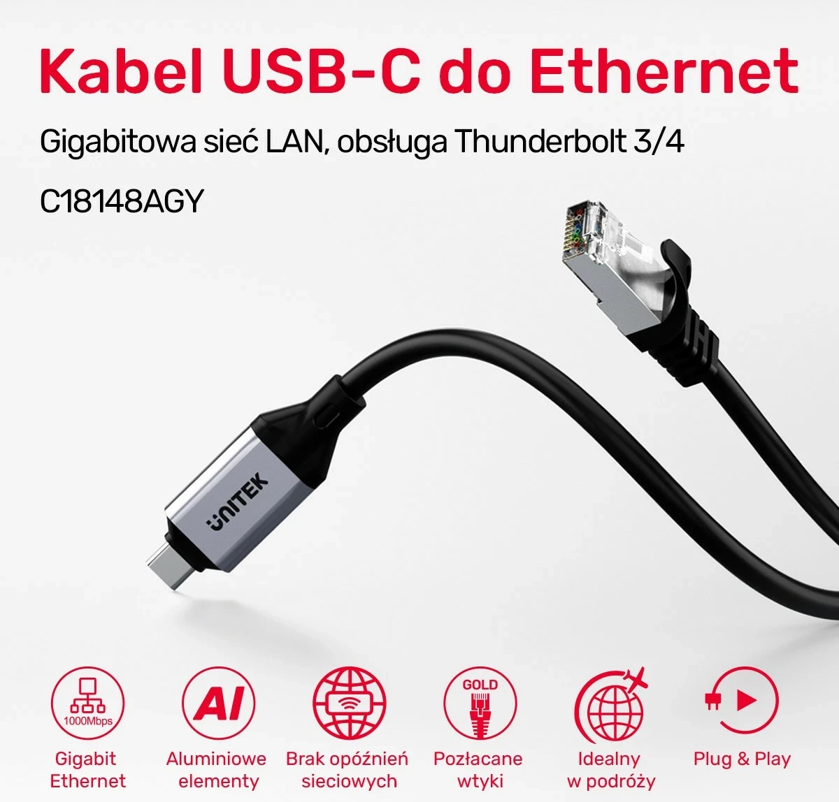 Kabëll Ethernet Unitek USB C RJ-45 LAN, 2m, zi-argjendtë