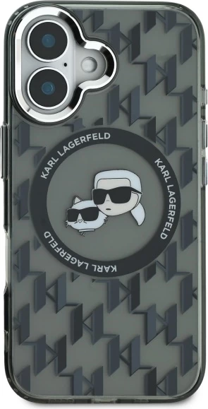 Mbështjellës Karl Lagerfeld IML Monogram Karl & Choupette Head MagSafe për iPhone 16, Zi