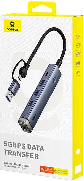 Hub Baseus UltraJoy 4in1, USB-A & USB-C në 3xUSB3.0 + USB-C + RJ45, Gri