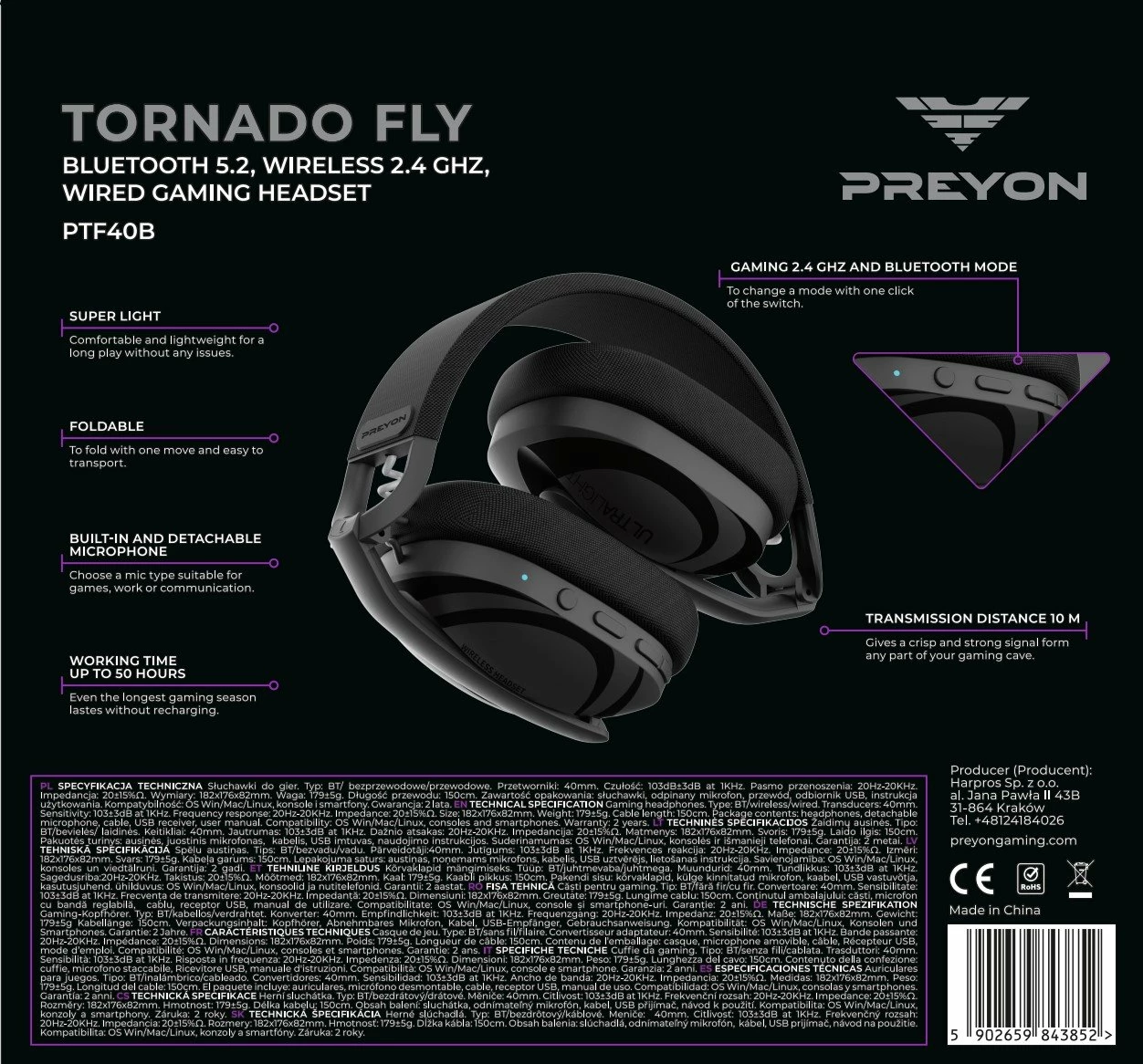 Kufje gaming PREYON Tornado Fly PTF40B, 7.1, Bluetooth 5.2 + wireless 2.4GHz, bateri deri 50h, e zezë