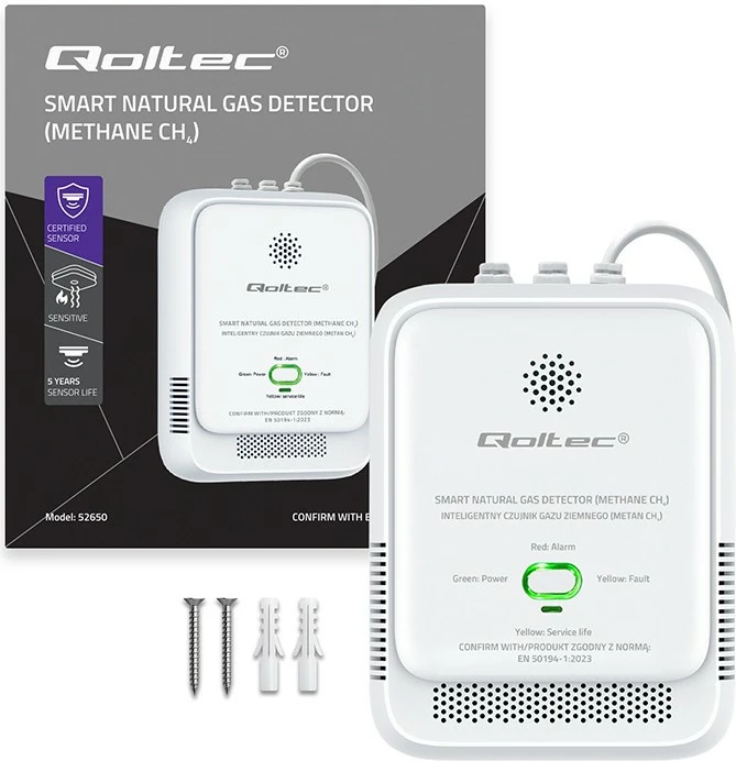 Sensor rrjedhje gazi natyror CH4 Qoltec 52650, alarm 85 dB, LED, AC 220-240V, i bardhë, set me vida