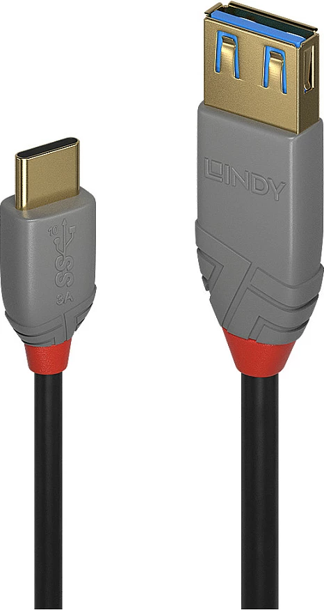 Kabllo adapter USB-C në USB-A LINDY Anthra Line, USB 3.2 Gen 2, 10Gbps, 0.15m, zi