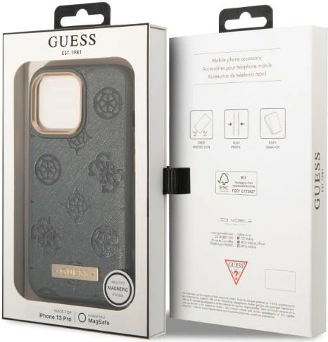 Mbështjellës Guess Peony Logo Plate për iPhone 13 Pro Max 6.7", MagSafe, Gri
