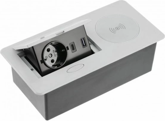 Prizë e integrume GTV AVARO PLUS, 1x 16A, USB-A/USB-C, karikues Qi, kabllo 1.5m, silver