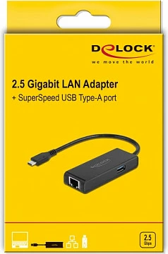 Adapter USB-C DeLOCK në LAN 2.5 Gigabit me portë USB-A, USB 3.2 Gen 1, i zi