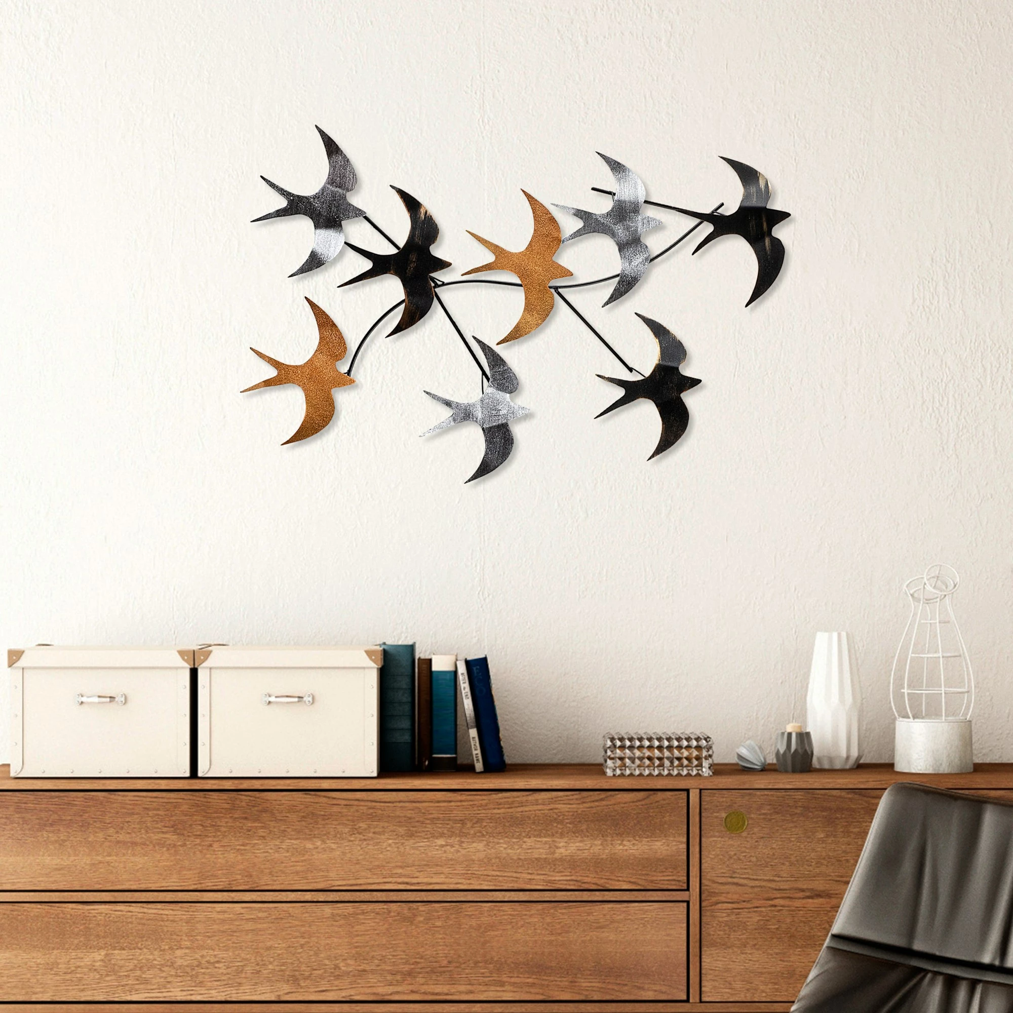 Aksesor dekorativ metalik për mur, Flying Birds 2, shumëngjyrësh, 69x41x7cm