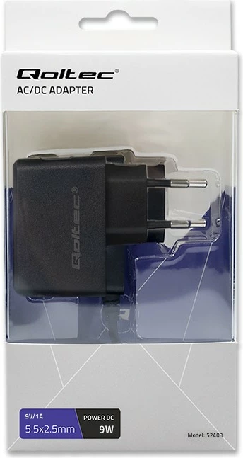 Adapter energjie Qoltec 52403, 9W, 9V, 1A, prizë 5.5x2.5 mm, i zi
