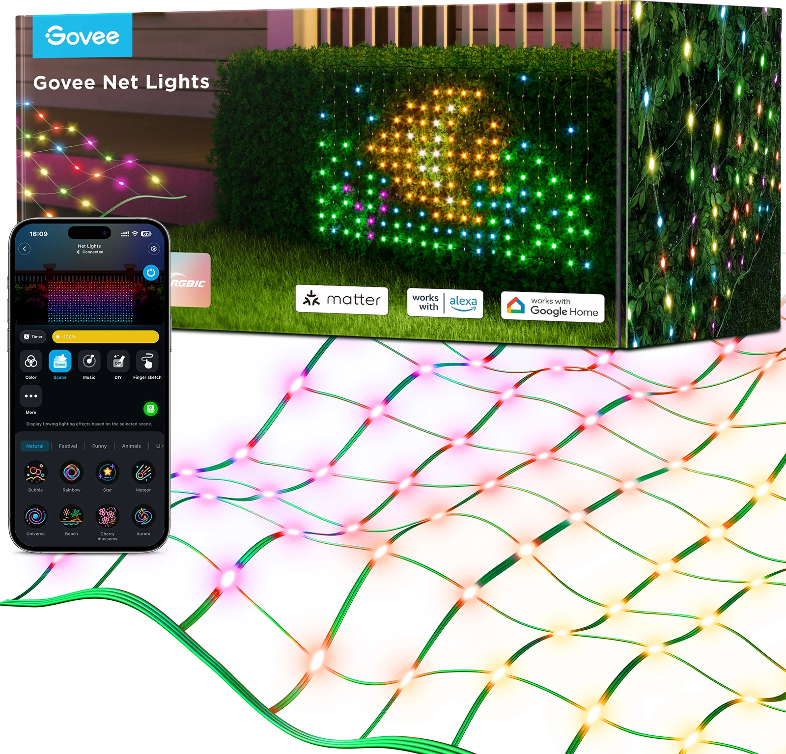 Drita rrjetë LED Govee Net Lights, RGBIC 240 LED, 0.85 x 1.43 m, Bluetooth, IP65