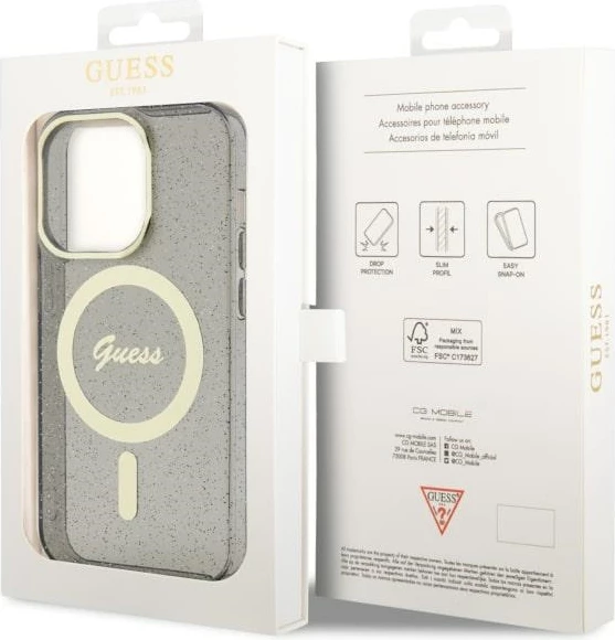 Mbështjellës Guess GUHMP14XHCMCGK për iPhone 14 Pro Max 6.7", Glitter Gold MagSafe, zi