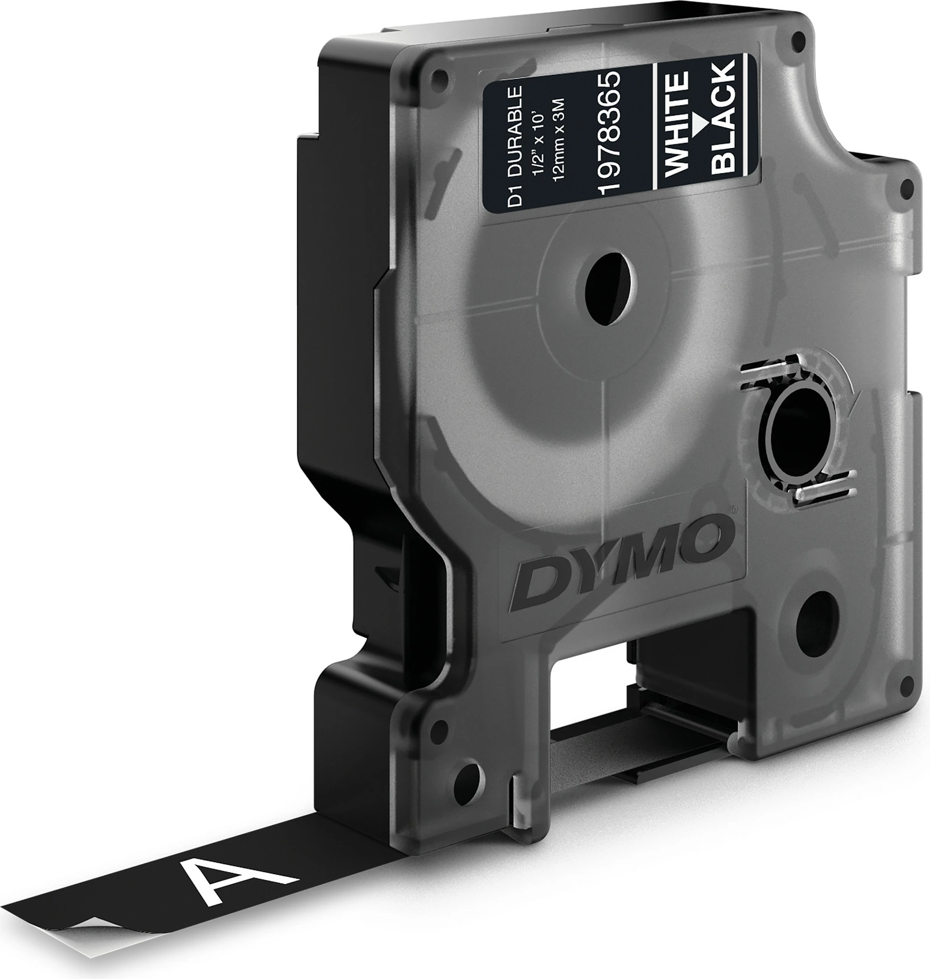 Shirit etikete Dymo D1 Durable Vinyl 12mm x 3m, shkrim i bardhë në të zi