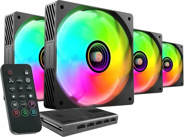 Ventilatorë kompjuteri TACENS Mars MF-SI4KIT 120 ARGB x4 me hub dhe telekomandë, të zinj