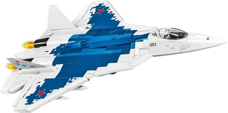 Set blloqe ndërtimi, Cobi, COBI-5909 SU-57 Felon 1:48, 928 copa, me figurë piloti dhe bazë ekspozimi, plastikë, kamuflazh blu-bardhë