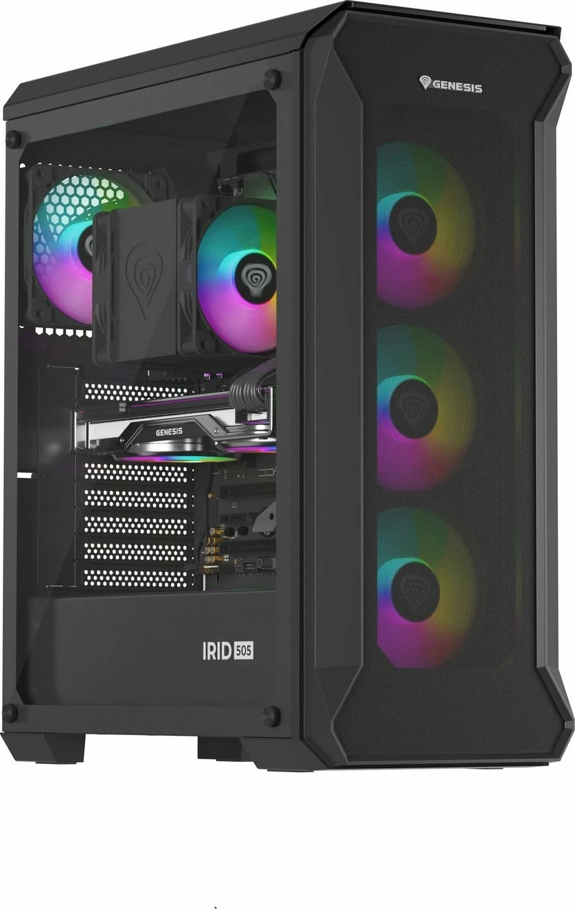 Kasë GENESIS Irid 505 ARGB V2 NPC-1518 Midi Tower ATX/Micro ATX/Mini-ITX, 4x120mm ARGB fan, xham i kalitur, e zezë