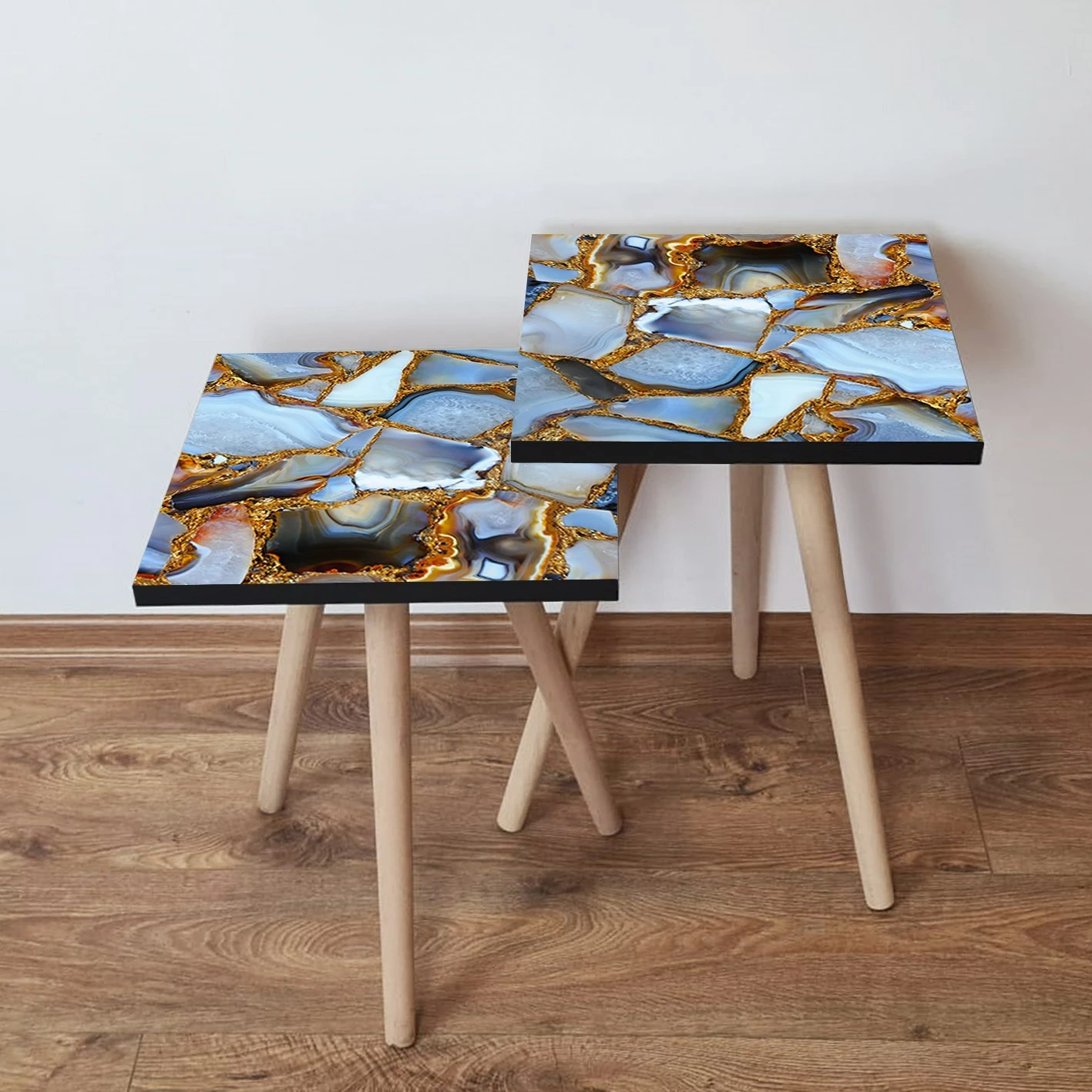 Set tavolinash ndihmëse, dizajn shumëngjyrësh, këmbë druri ahu, Skye Decor, 2 copë, 2Shp100