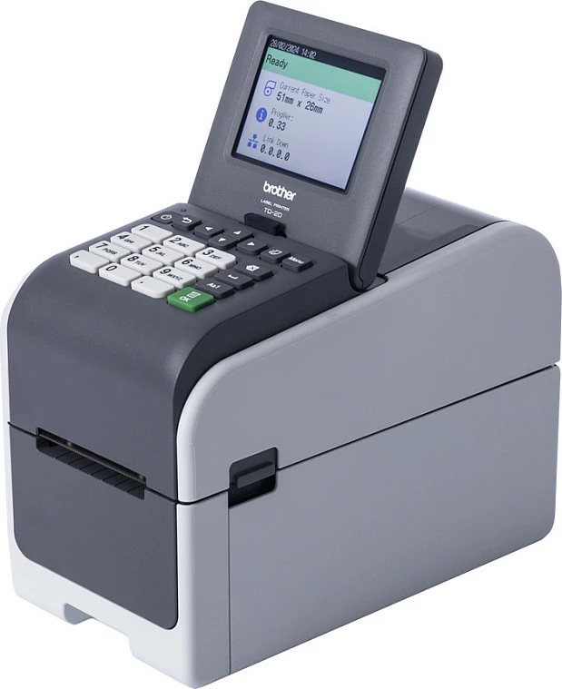 Printer etiketash Brother TD-2320DSA203, termik direkt, 203 dpi, Ethernet/USB, ekran 3.5", i zi/gri