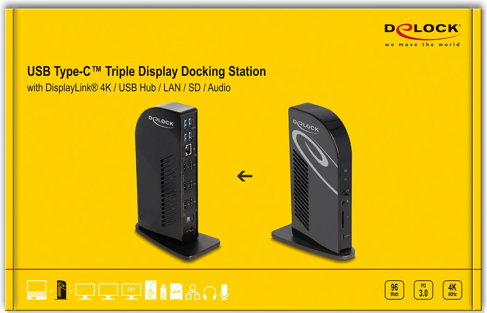 Docking station USB-C DeLOCK Triple Display DisplayLink 4K, PD 96W, LAN, HDMI/DP, e zezë