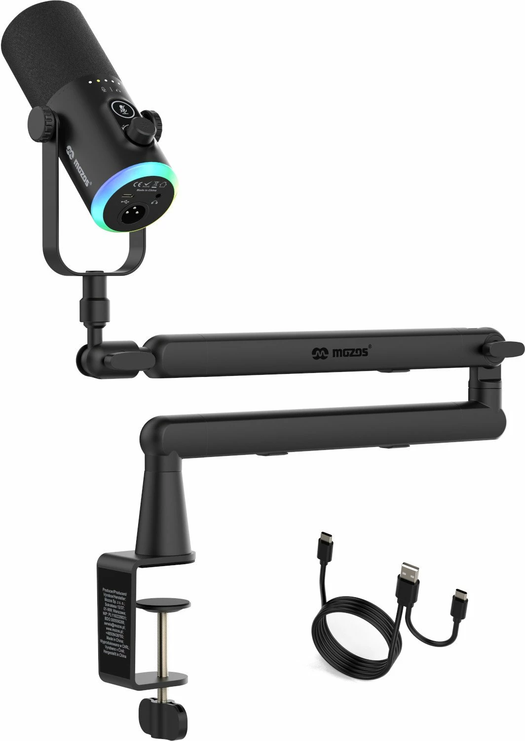 Mikrofon dinamik Mozos TAM8 v2, USB-C/XLR, kardioid, i zi, set me krah tavoline dhe kabllo