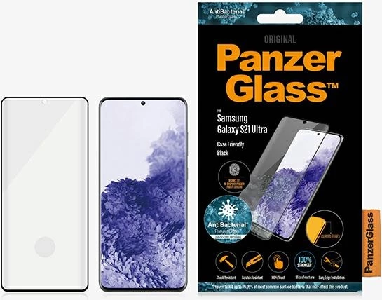 Xham mbrojtës PanzerGlass E2E Microfracture për Samsung Galaxy S21 Ultra, antibakterial, me kornizë të zezë