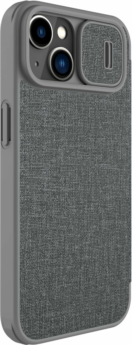 Mbështjellës Nillkin Qin Cloth Pro Case për iPhone 14 Plus, me kapak dhe mbulesë kamere, Gri