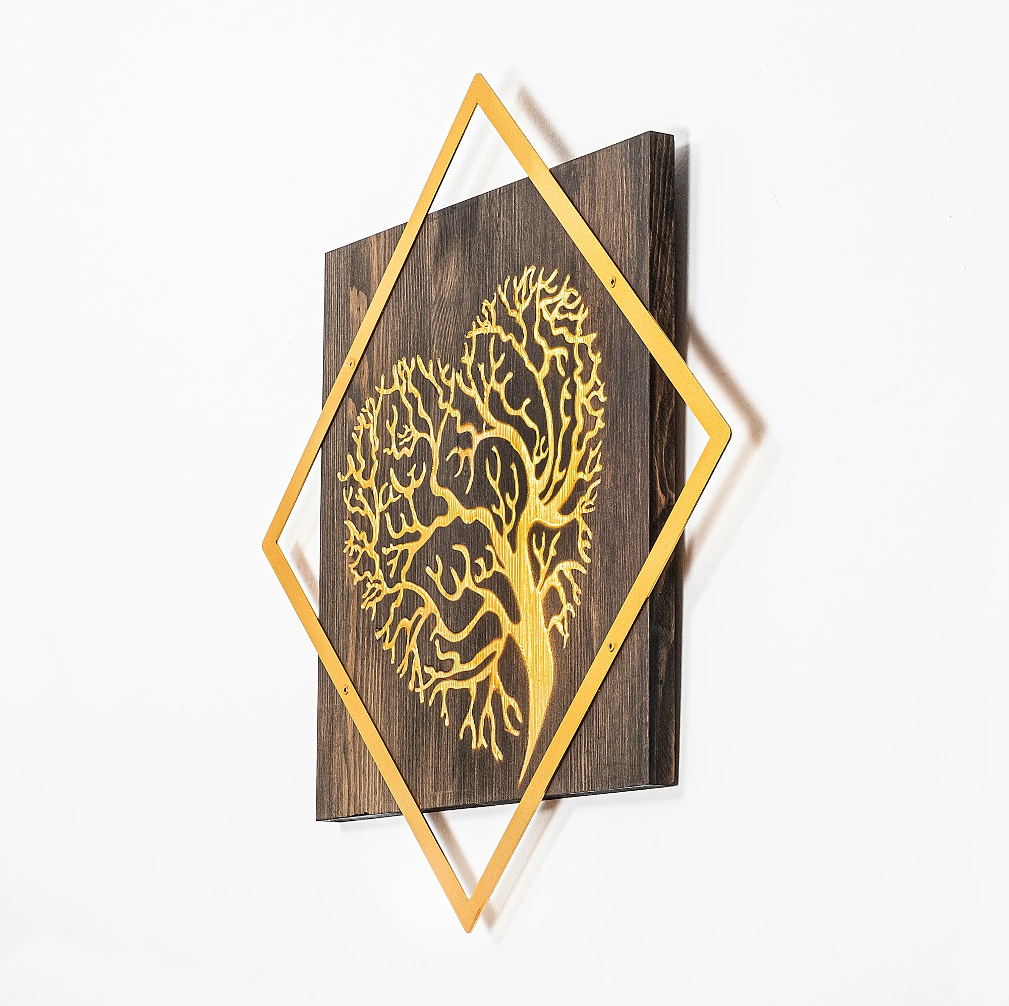 Aksesor dekorativ për mur, dru dhe metal, ngjyrë arre dhe ari, Wallity, pemë v3, 54x54cm