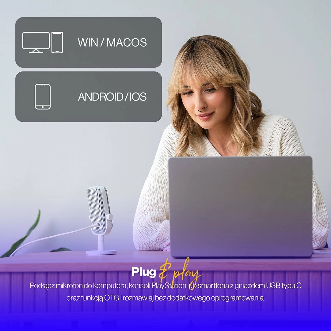 Mikrofon Endorfy Solum Voice S Onyx White (EY1B015), USB-C, kardioid, dalje 3.5 mm, i bardhë