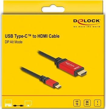 Kabllo DeLOCK USB Type-C në HDMI, 1 m, 8K 60Hz, HDR10, kuqe/zezë