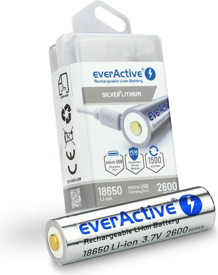Bateri rikarikueshme everActive 18650 Li-ion, 2600 mAh, me micro USB, Argjend