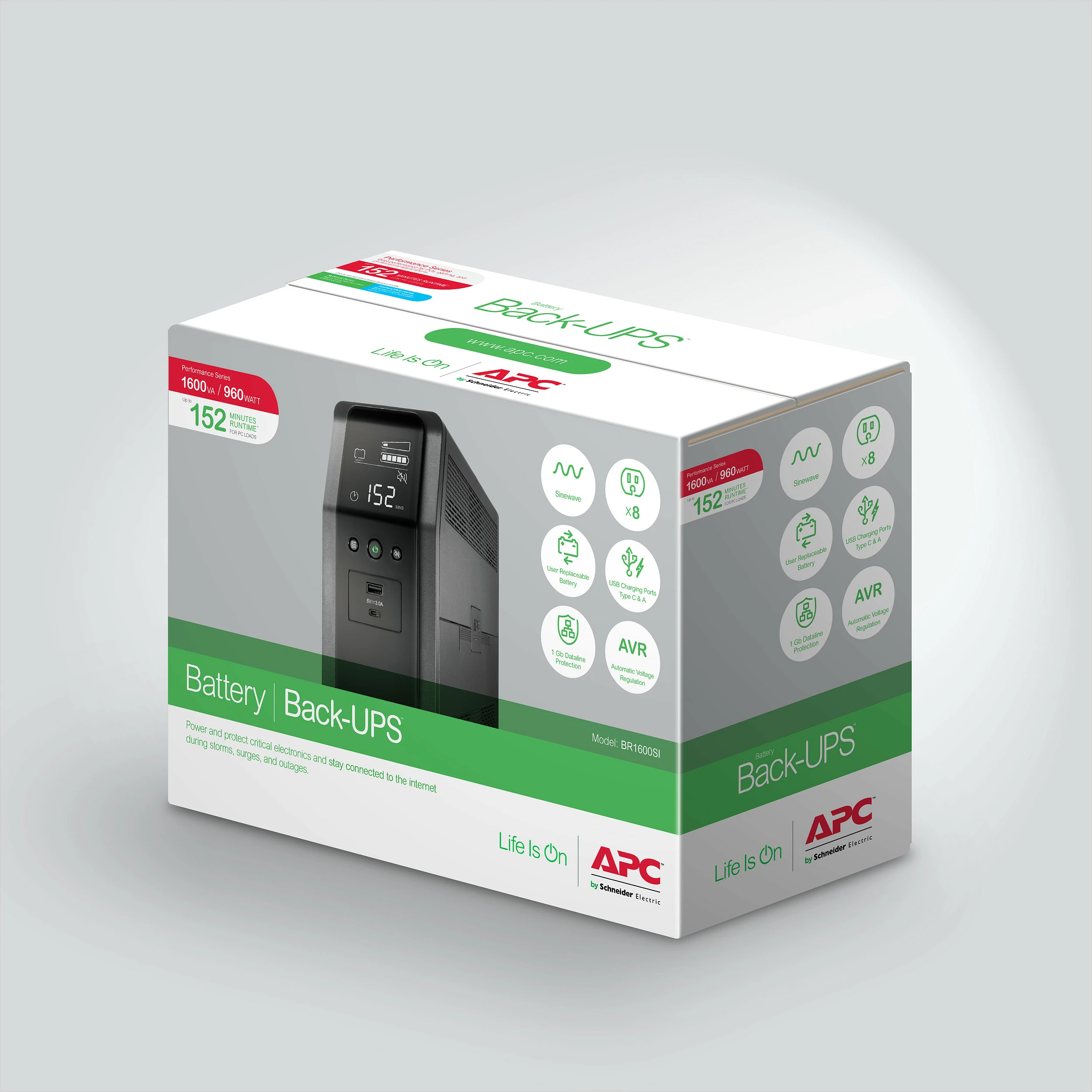 UPS APC Back-UPS Pro 1600S, 1600VA/960W, 8x IEC C13, Sine Wave, AVR, LCD, USB-A + USB-C, Mini Tower, e zezë